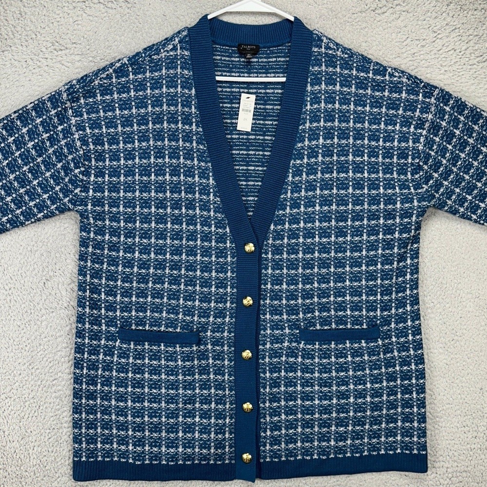 Talbots Cardigan Womens 2X Plus Navy Teal Merino Wool Tweed Gold Button NEW